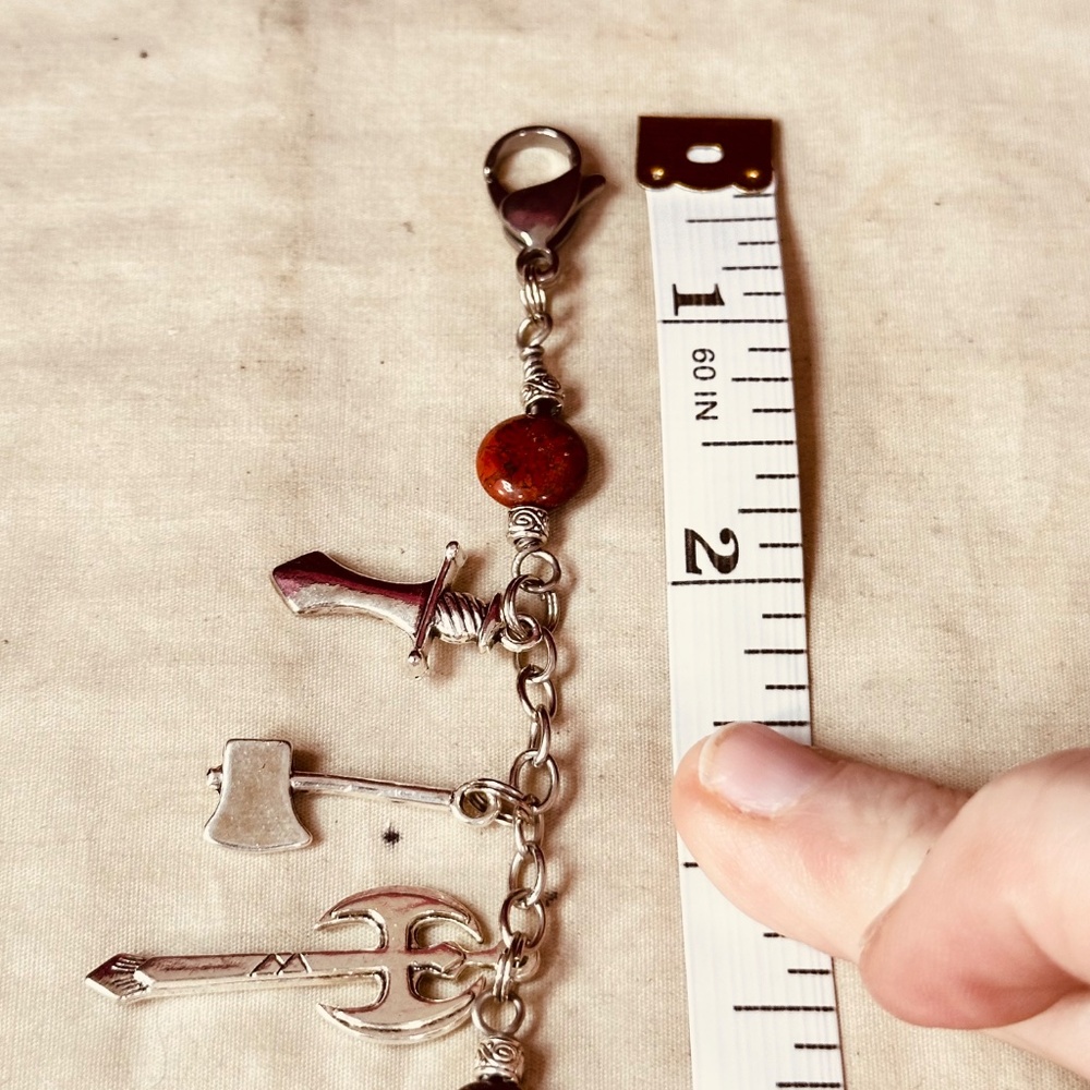 Medieval Weapon Charm Bracelet Handmade Red Jasper Stainless Steel Axes Daggers - Picture 4 of 10
